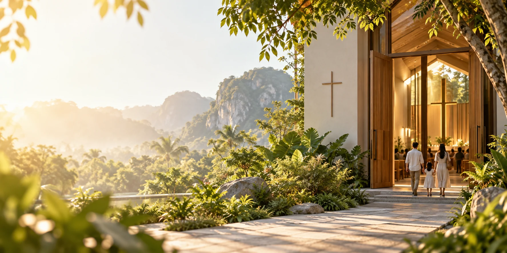 原创 AI 概念画面:阳光下,人们走进热带花园中的敞开门口,并非本教会实景。